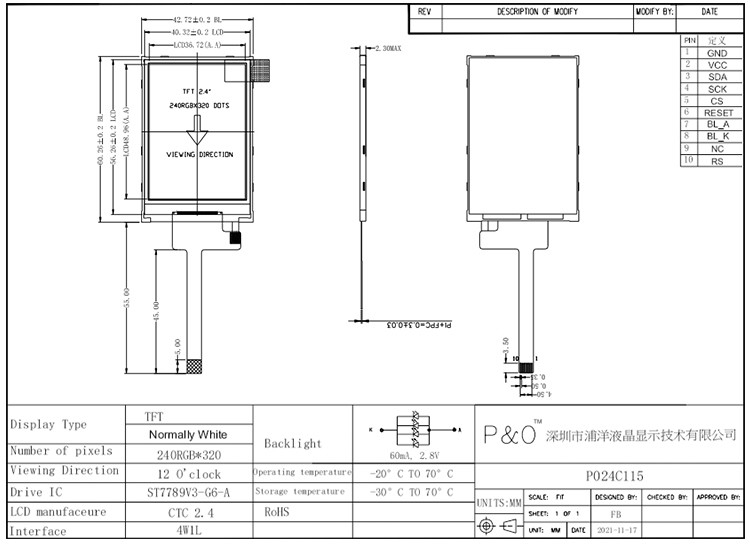 Polcd RoHS 2.4 اینچ LCD Tft صفحه نمایش ST7789V3 TFT LCD ماژول 4 سیم SPI