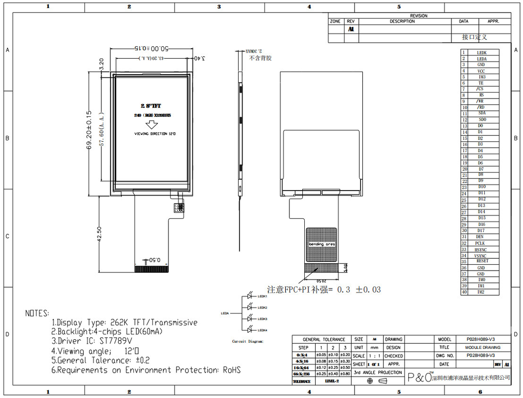 ماژول LCD TFT 2.8 اینچی با وضوح بالا 480x640 Polcd با رابط CTP SPI RGB