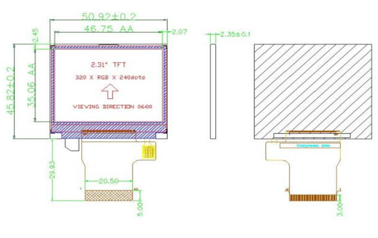 رنگ 262K 2.31 اینچ صفحه نمایش مربع 300 Nit 320x240 tft صفحه نمایش LCD