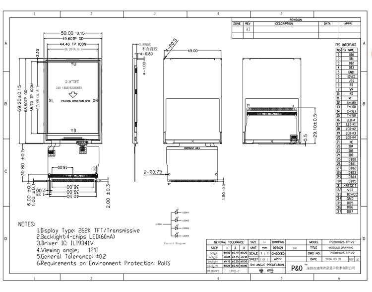 صفحه نمایش لمسی TFT LCD با زاویه دید کامل 2.8 اینچی Polcd پانل IPS خوانا با نور خورشید