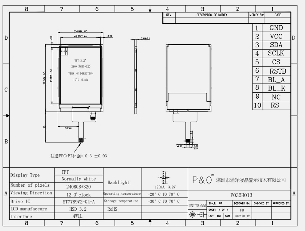 Polcd ST7789V 3.2 اینچ Tft LCD رنگی 262K TFT LCD صفحه نمایش 48.6mm 12 0'CLOCK