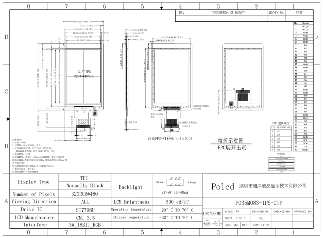 Polcd سفارشی 3.5 اینچ پانل لمسی ظرفیت 320x480 500nit رابط RGB ماژول نمایش LCD IPS Tft