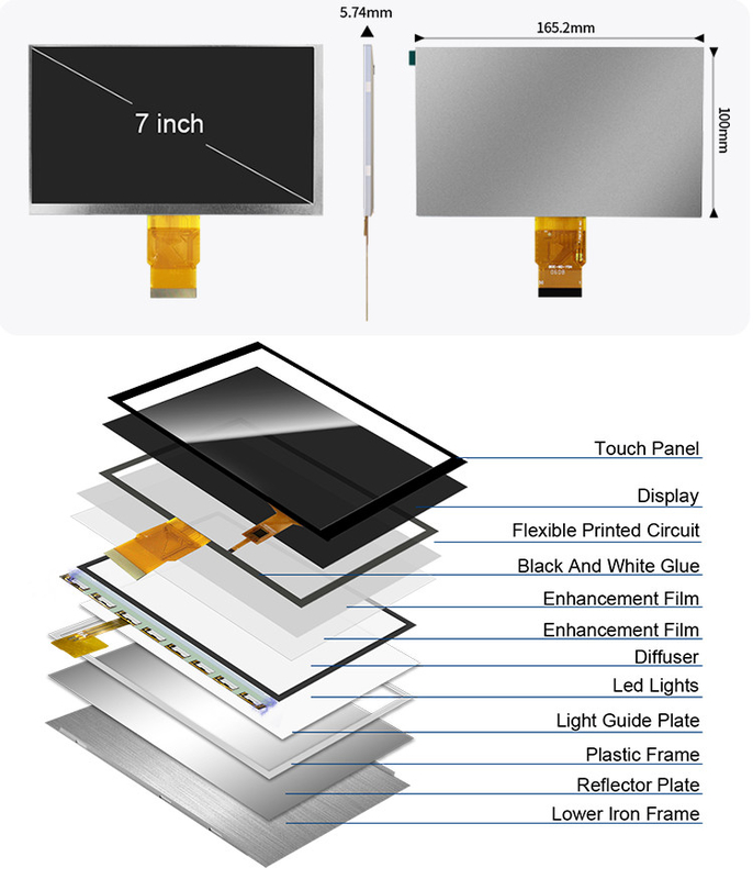 Polcd 7 اینچ Tft ماژول 800X480 روشنایی بالا IPS صفحه نمایش رابط RGB پانل لمسی ظرفیت 7 