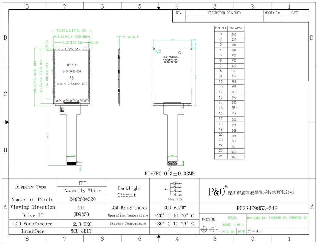 Polcd IPS ماژول های 2.8'' 240*320 پانل Spi رابط JD9853 IC صفحه نمایش 2.8 اینچ Tft LCD