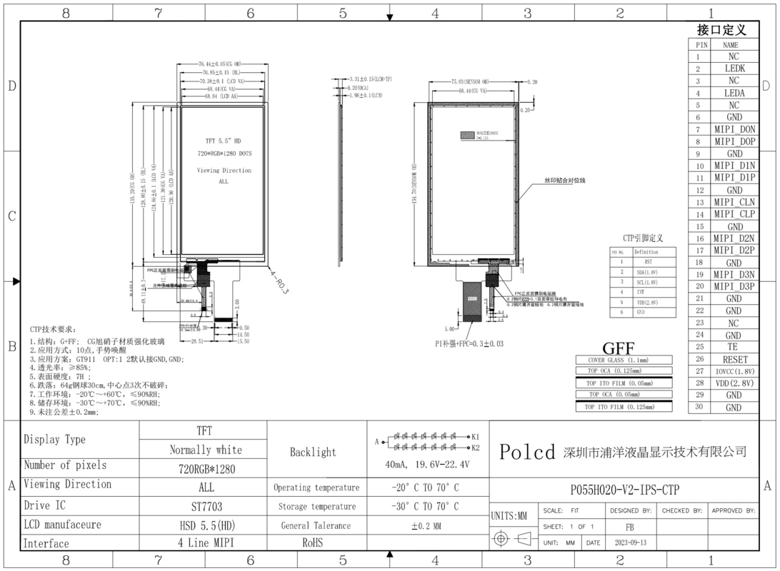 Polcd 5.5 اینچ صفحه نمایش نازک LCD 720x1280 رزولوشن رابط MIPI صفحه نمایش عمودی LCD TFT
