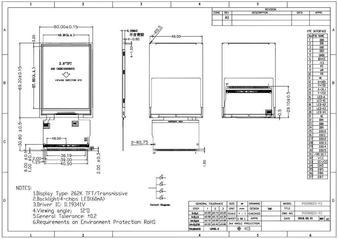 صفحه نمایش لمسی RoHS TFT LCD Ili9341V با وضوح 240X320 2.8 اینچ Spi Tft