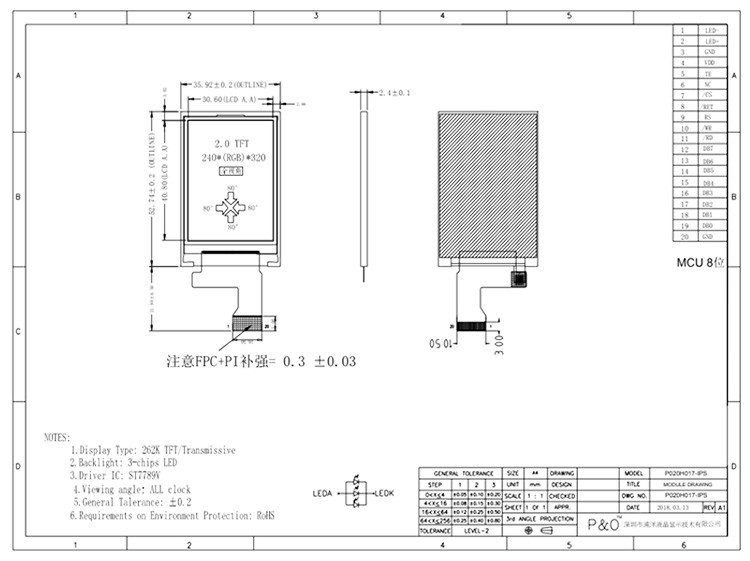 صفحه نمایش ال سی دی 2 اینچی Polcd 262K 2.4Mm ST7789V IPS TFT LCD 240X320