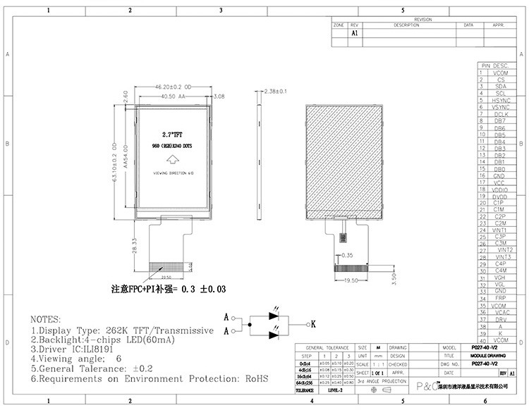 صفحه نمایش LCD 2.7 اینچی 960x240 پیکسل Polcd رنگی صفحه نمایش TFT کوچک 262K