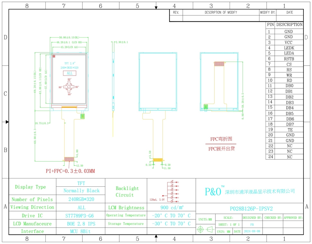 Polcd Lcd کوچک 2.8 اینچ 240x320 روشنایی بالا 900 نیت ماژول LCD IPS نمایش 2.8' TFT صنعتی