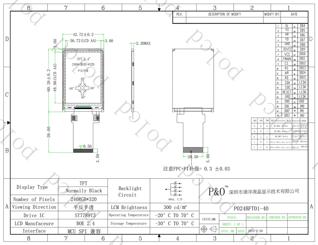 Polcd 2.4 اینچ LCM ماژول SPI MCU Transflective جوشکاری 20pin رزولوشن 240x320 صفحه LCD TFT