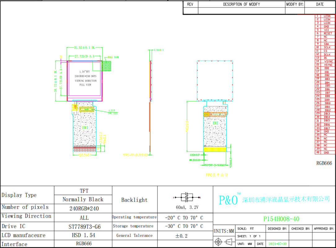 Polcd 1.54 اینچ TFT صفحه نمایش LCD 240x240 IPS مربع صفحه نمایش 40 پین RGB666 رابط صفحه نمایش LCD