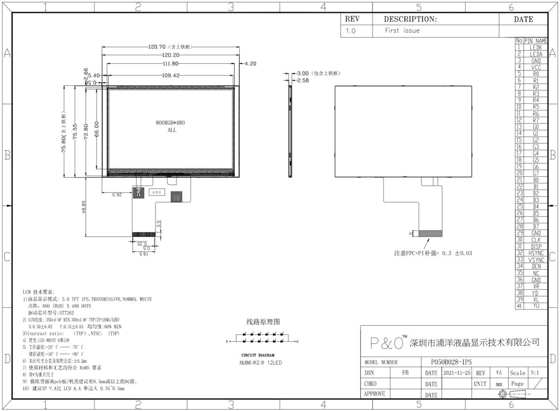 Polcd 800x480 5 اینچ شکل مربع صفحه نمایش LCD IPS View Angle صفحه نمایش LCD 40pin ST7262 Drive ماژول TFT