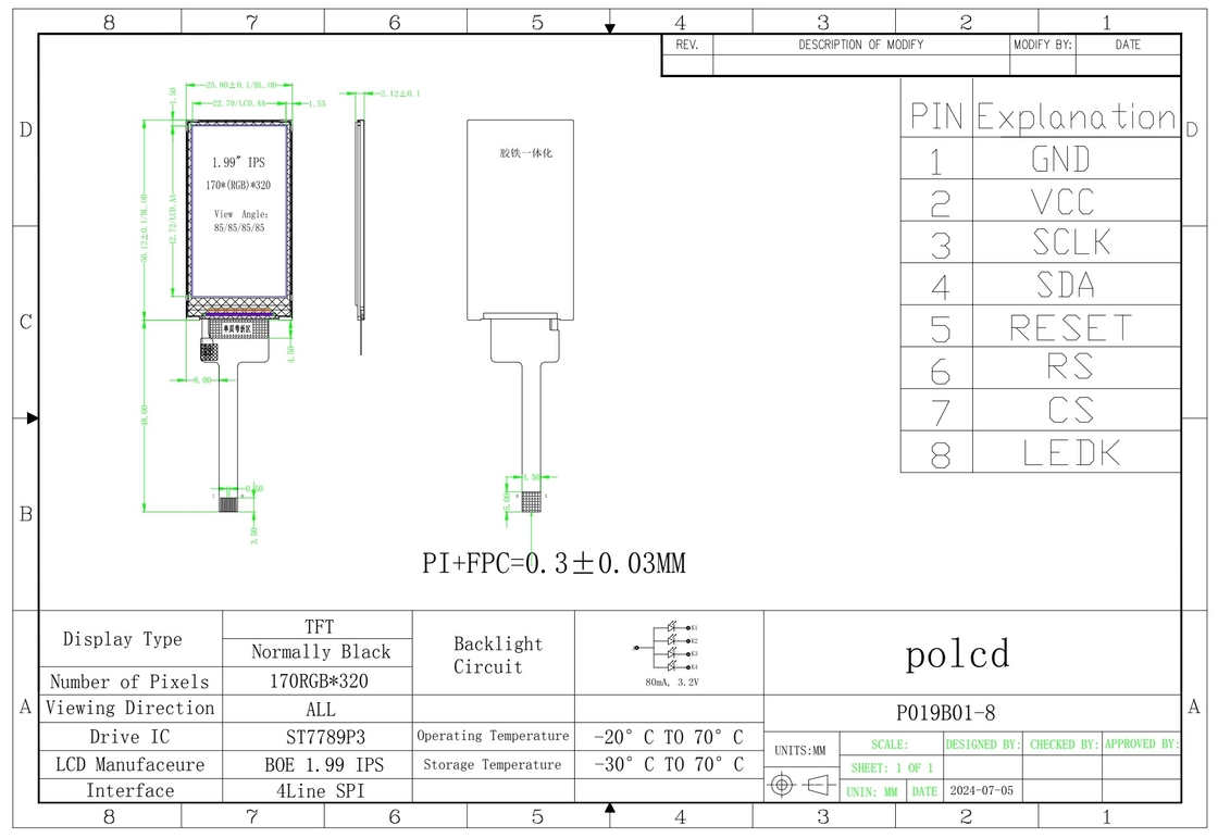 Polcd 1.9 اینچ 170*320 ST7789P3-G6 SPI Bar TFT ماژول LCD صفحه نمایش 8 پین IPS نمایشگر عمودی LCM