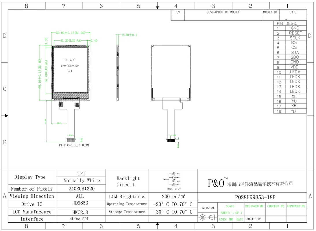 Polcd 2.8 اینچ صفحه نمایش TFT JD9853 240 * 320 رزولوشن 18pin 200nits ماژول LCD TFT