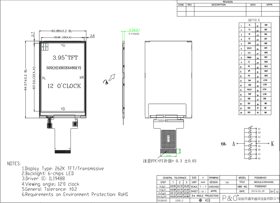 Polcd سفارشی 3.95 اینچ 320x480 Ips Tft رابط LCD RGB ماژول صفحه نمایش کریستال مایع با لمسی