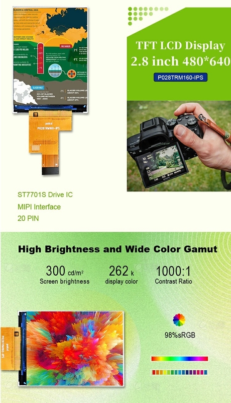 Polcd 2.8 اینچ IPS LCD Display با رابط MIPI 480x640 رزولوشن 300nits 2.8 
