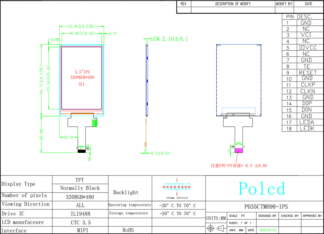Polcd 3.5 اینچ IPS TFT LCD 320*480 Ili9488 Drive Ic 600: 1 ماژول های نمایش LCD نسبت کنتراست
