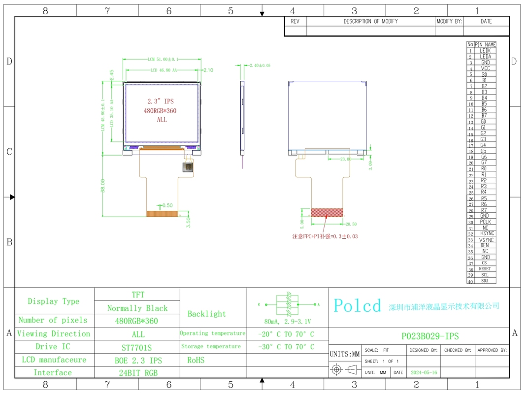 ماژول صفحه نمایش TFT کوچک 2.3 اینچی 480x360 Polcd RoHS IPS رنگی کامل RGB SPI صفحه نمایش LCD TFT 2.31 اینچی