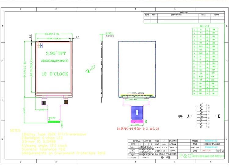 Polcd 3.95 اینچ 320*480 صفحه نمایش LCD RGB رابط ILI9488 ماژول LCD انتقال دهنده 40 پین TFT