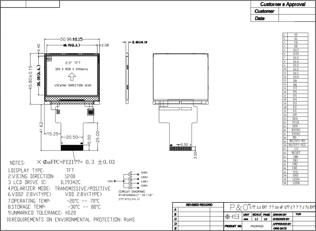 2.31 اینچ 320x240 صفحه نمایش LCD RGB 18 بیت رابط 35.06mm IPS Square Screen