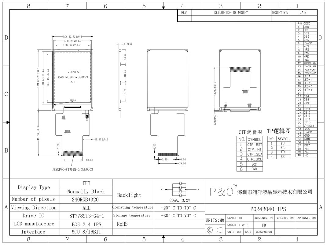 Polcd 2.4 اینچ MCU Interface TFT Display Driver IC ST7789V2 240x320 وضوح 2.4 اینچ ماژول های LCD TFT