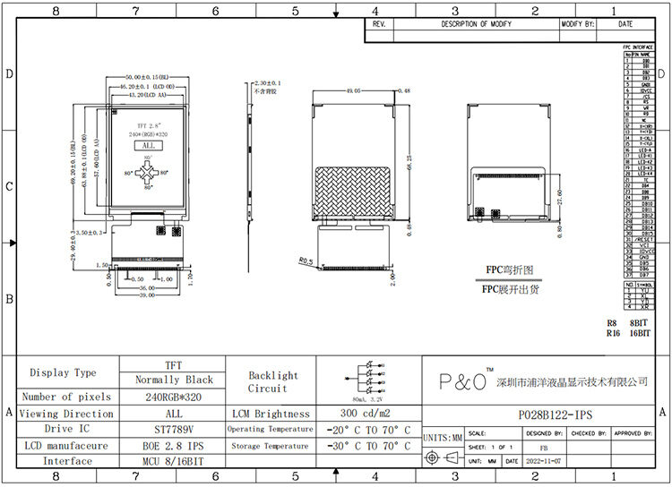 Polcd کوچک 2.8 اینچ 240x320 QVGA روشنایی بالا 300nits رابط SPI صفحه نمایش IPS TFT