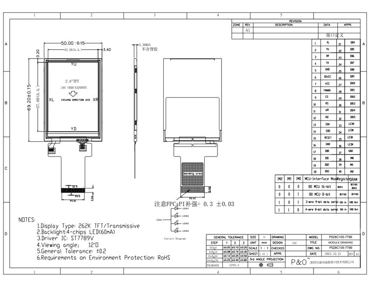 Polcd 2.8 اینچ TN TFT LCD Display 240x320 رزولوشن MCU انتقال دهنده SPI ST7789V ماژول صفحه نمایش LCD TFT