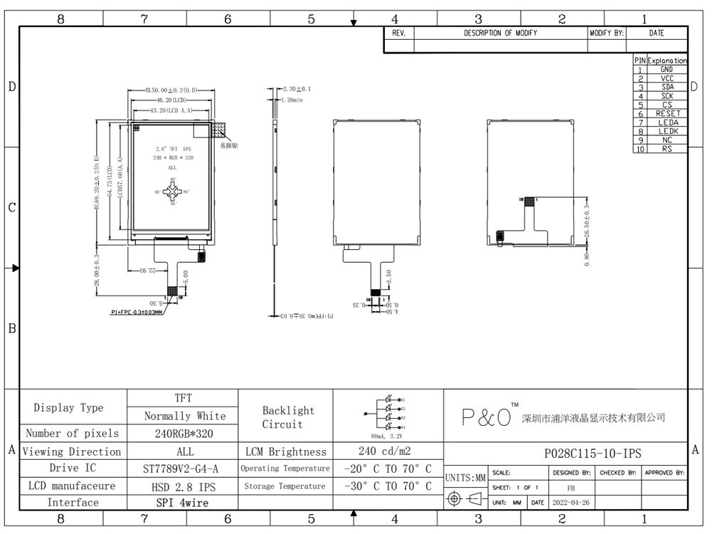 Polcd 2.8 اینچ IPS Screen LCM Module 240x320 SPI Interface ST7789V روشنایی بالا صفحه نمایش LCD TFT