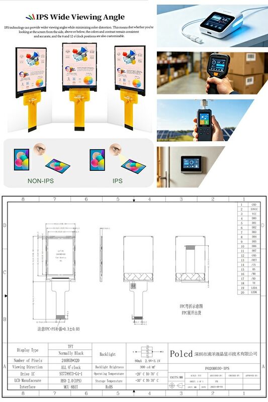 صفحه نمایش کریستال مایع Polcd 2.0 اینچ مینی کامل رنگ ST7789 MCU IPS Full Angle View 240x320 ماژول LCD TFT