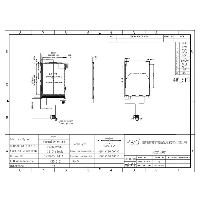 صفحه نمایش LCD 2.2 اینچی Polcd 240X320 ST7789V مانیتور Tft کوچک 300 روشنایی