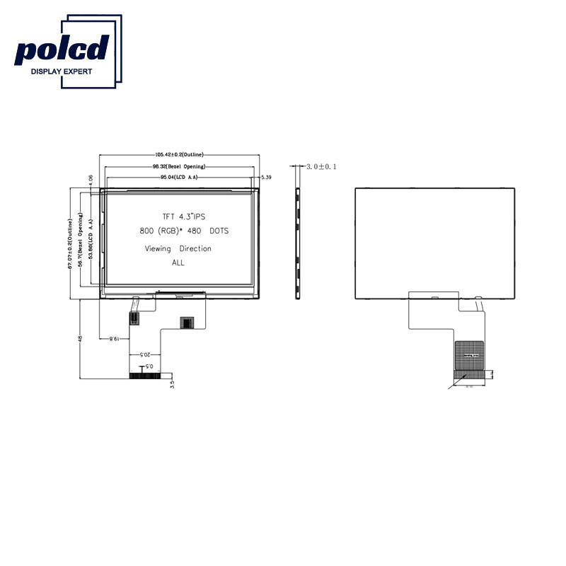 صفحه نمایش لمسی خازنی Polcd ST7262E43 4.3 اینچی 40 پین ال سی دی 800x480 300 Nit